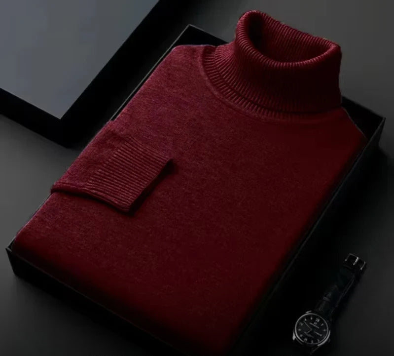 Classic men's roll neck pullover sweater in a dark shade, perfect for cozy and stylish winter fashion.