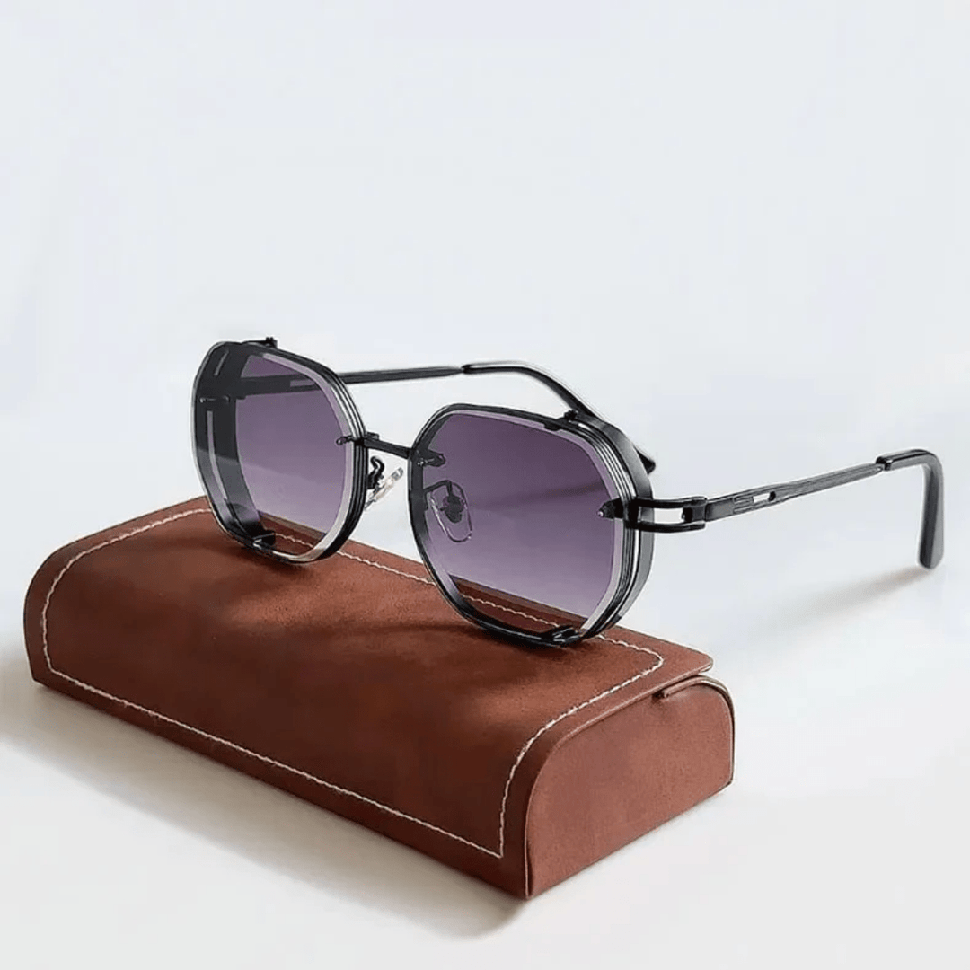Close-up of UrbanValence men's UV400 sunglasses, showcasing the durable, fashionable steel frame eyewear.