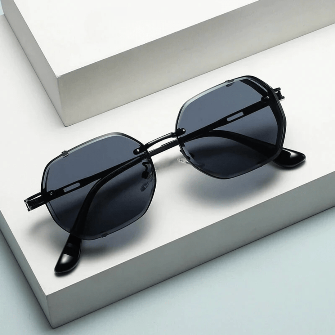 Overhead shot of UrbanValence men's UV400 sunglasses, highlighting the elegant steel frame design.