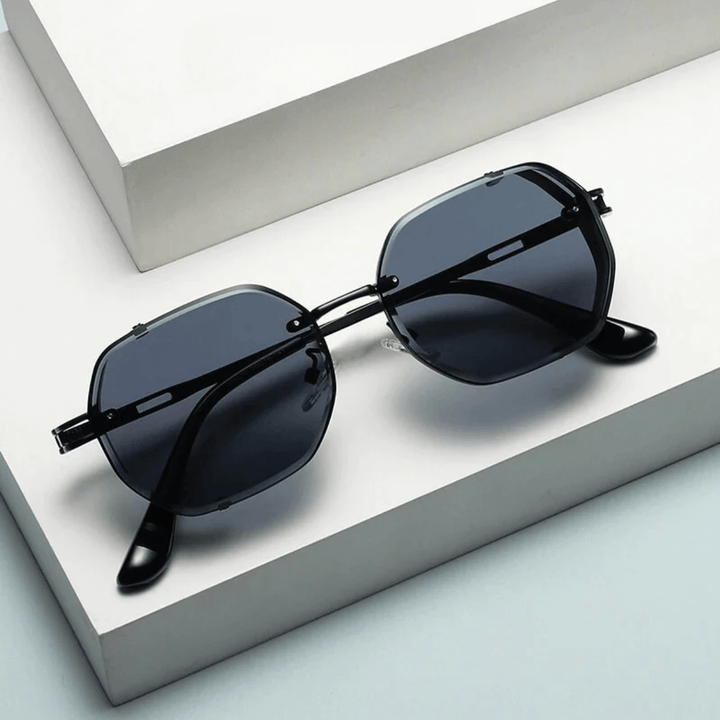 Overhead shot of UrbanValence men's UV400 sunglasses, highlighting the elegant steel frame design.