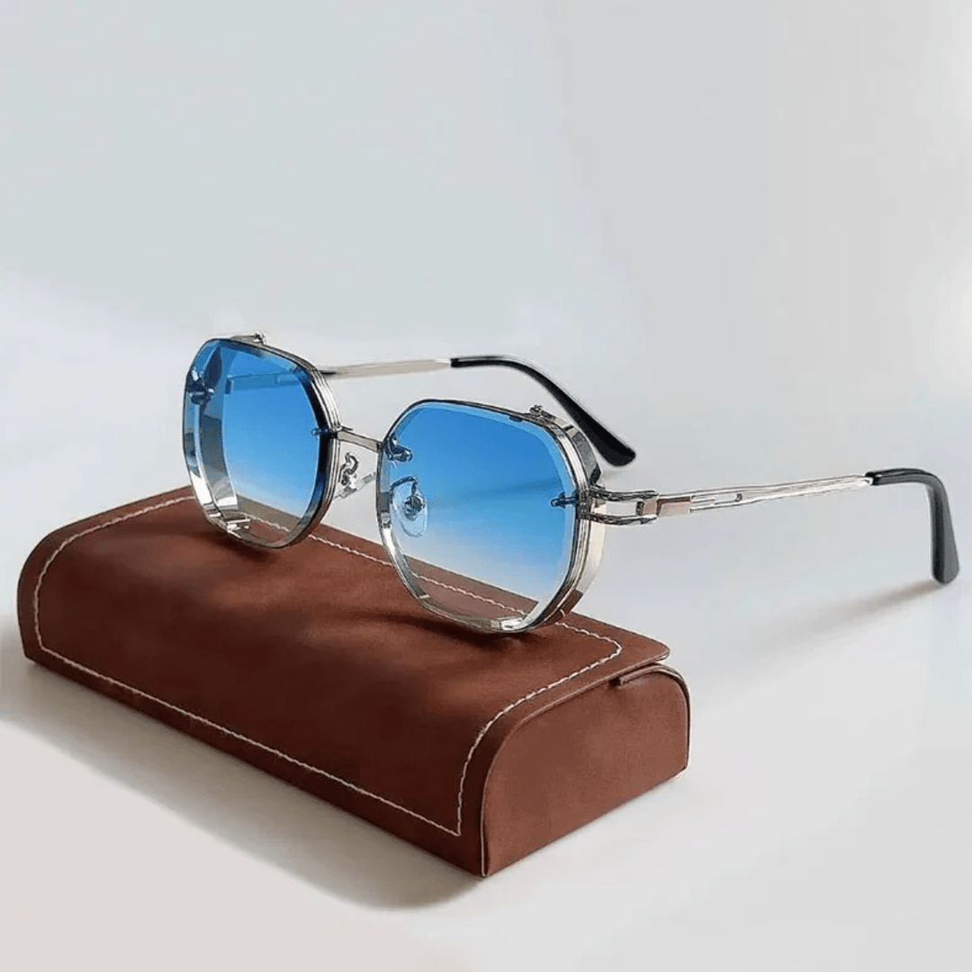 Close-up of UrbanValence men's sunglasses, showcasing the elegant steel frame and UV400 lenses.