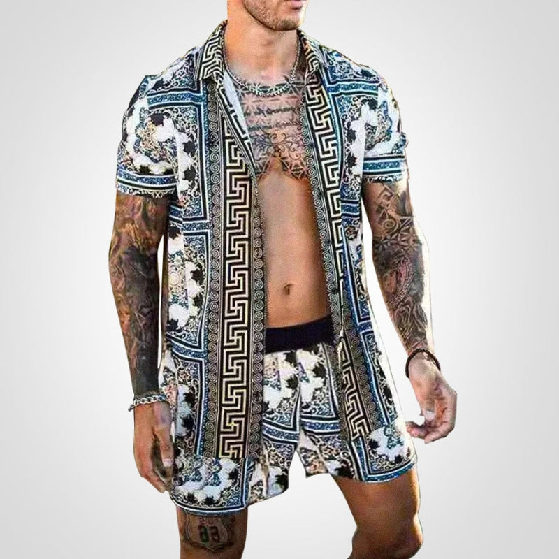 Men's fashion two-piece: a printed shirt paired with coordinating shorts