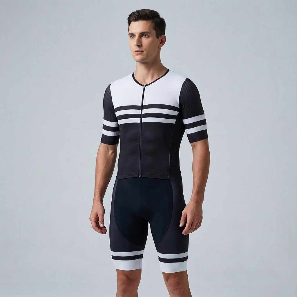 Nicolas men's cycling gear, a complete set including a race-fit jersey and comfortable shorts.