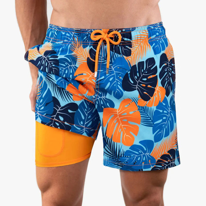 Set of men's quick-dry printed swim shorts in various colors, essential for beach holidays.