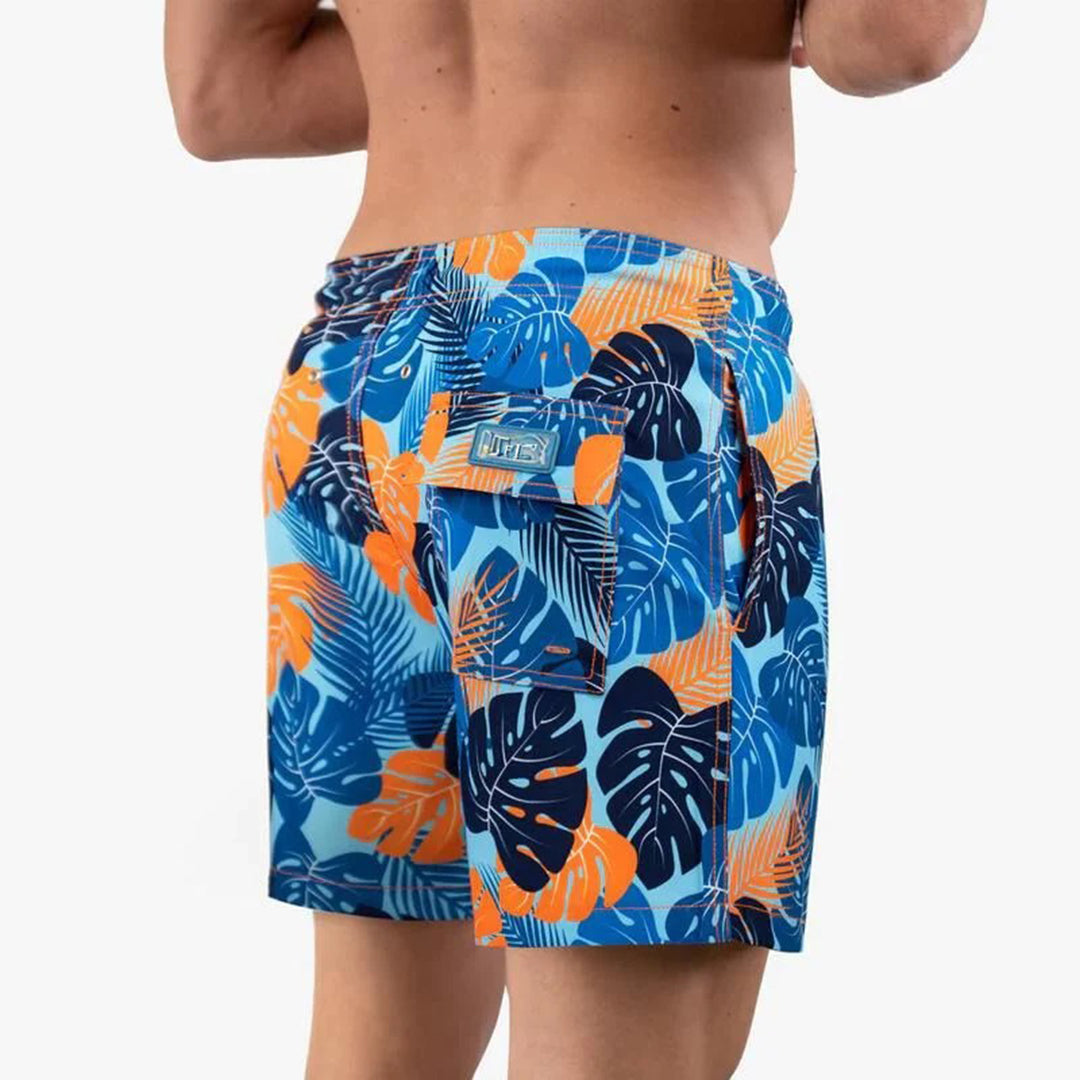 Back view of men's 'Julien' printed swim shorts, highlighting fit and quick-dry performance.