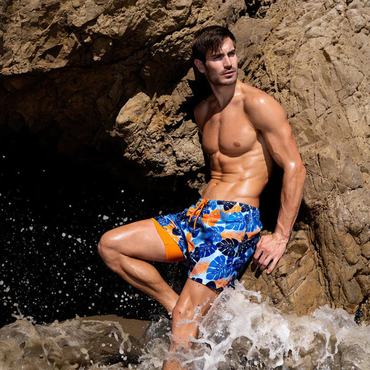 Trendy men's printed swim shorts 'Julien' with elastic waist and drawstring. Vacation essential.