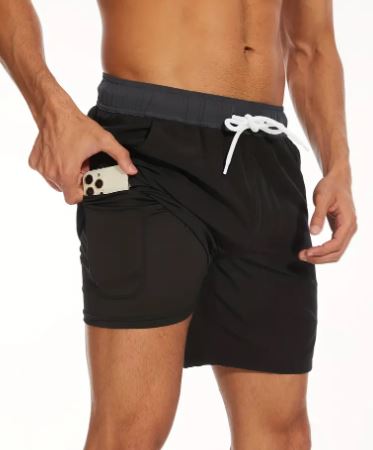 Essential men's quick-dry swim trunks, stretch comfort, and a hidden phone pocket for convenience.