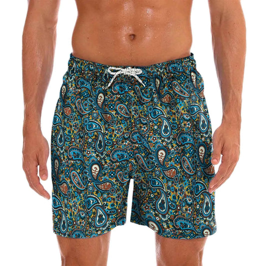 Men's quick-dry swim shorts with vibrant tropical print, perfect for beachwear.