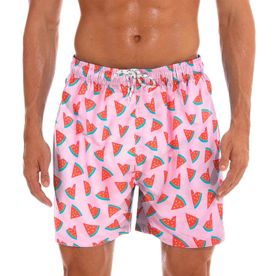 Athletic men's swim shorts featuring a colorful pattern, great for pool or beach.