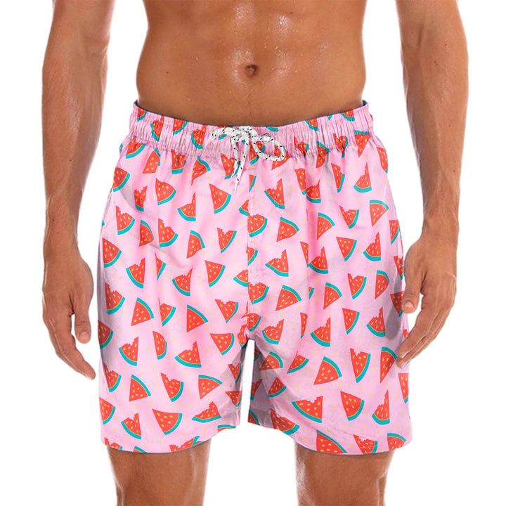Athletic men's swim shorts featuring a colorful pattern, great for pool or beach.