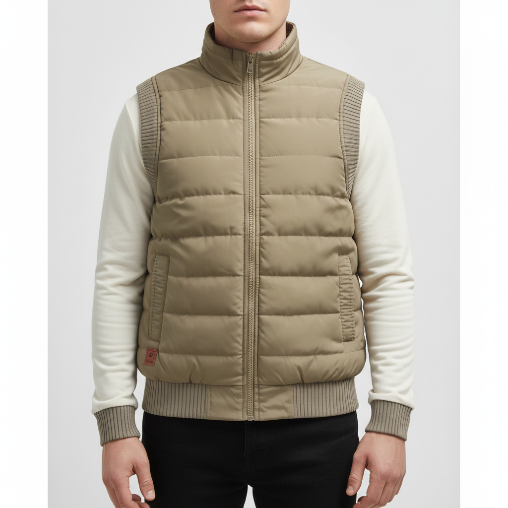 Stylish men's polyester bodywarmer, a quilted puffer vest perfect for adding warmth and insulation