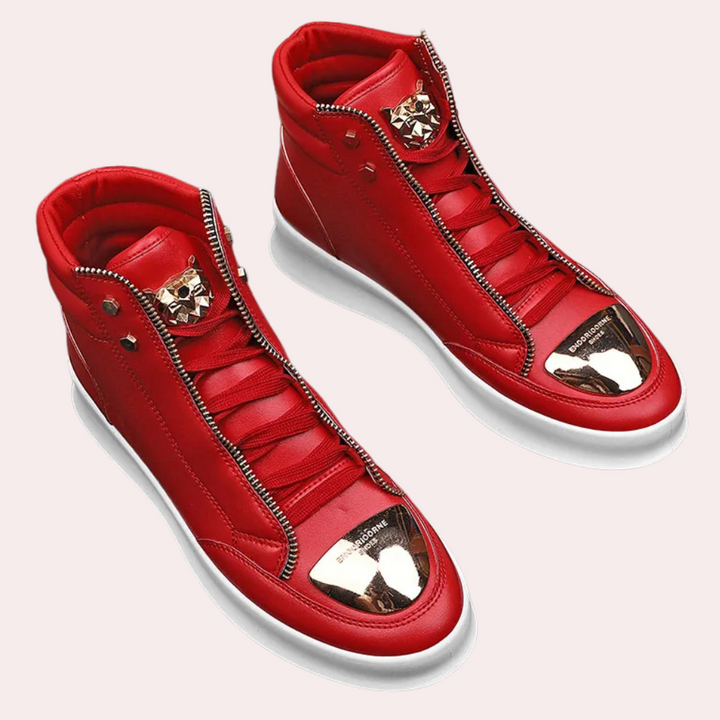 Comfortable Rafael high-top men's sneakers in white, black & red, ideal for athletic & casual street fashion.