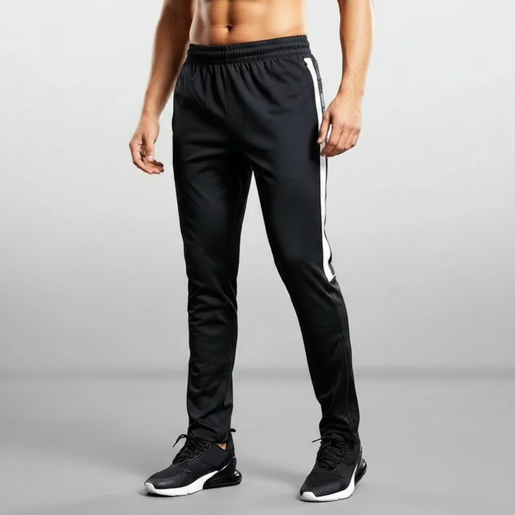 Raymond men's athletic training joggers in black, showing elastic waistband and drawstring for comfort