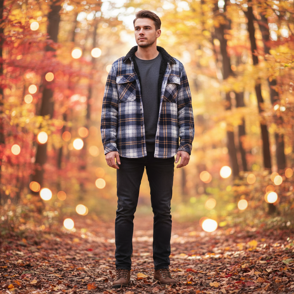Men's red and black plaid fleece-lined shirt jacket, perfect for winter casual outerwear.