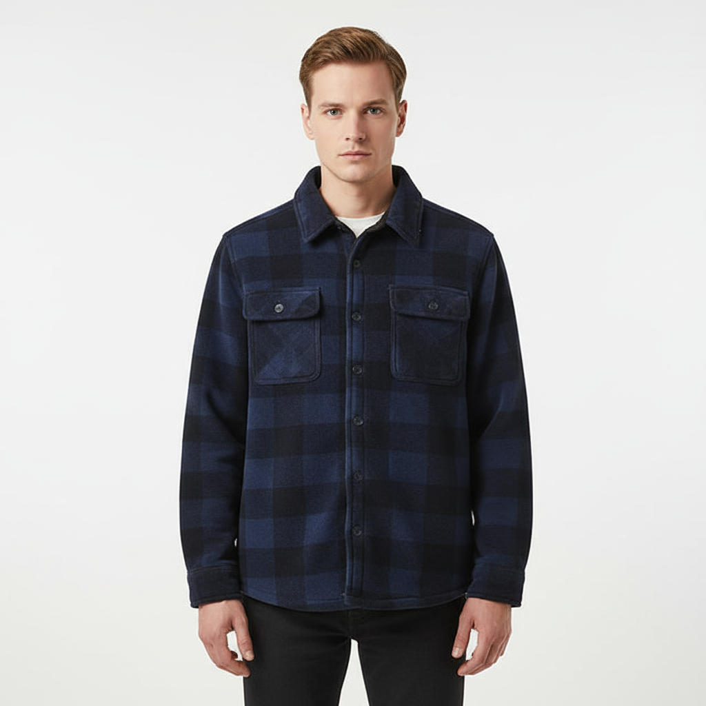 Casual men's winter coat: a fleece-lined plaid shirt jacket, blending style and warmth.