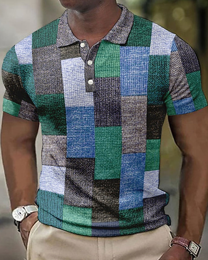 Stylish men's blue checked short sleeve polo. Versatile casual wear polyester shirt, perfect for spring & summer fashion.
