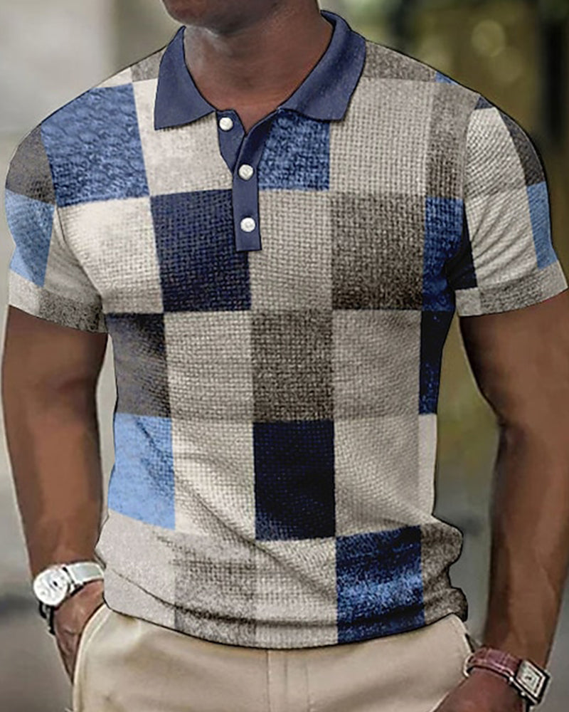 Men's smart casual checked short sleeve polo shirt with buttons. Comfortable polyester top for autumn & summer styles.