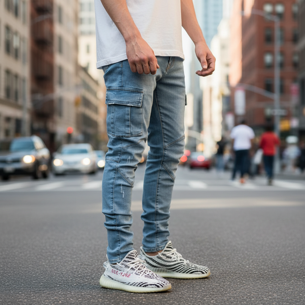 Men's relaxed fit cargo jeans in blue denim with spacious utility pockets for casual wear.