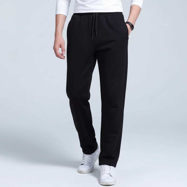 Close up of the fabric on men's relaxed fit cotton blend joggers, showing texture.