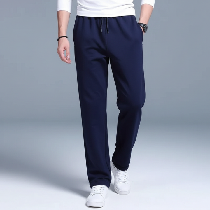 Texture detail of soft cotton blend fabric on men's relaxed fit Henry joggers