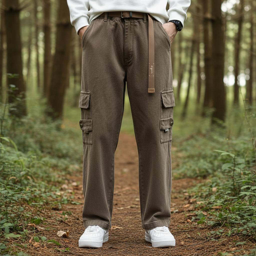 Men's relaxed fit cotton cargo pants in dark olive, ideal for casual wear and outdoor activities.
