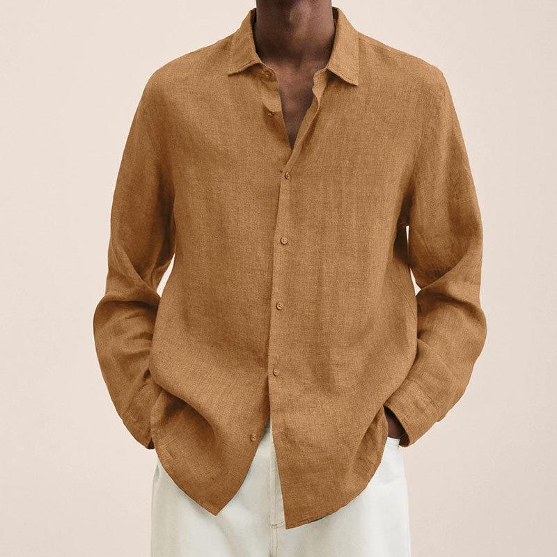 Men's long sleeve linen cotton shirt in a relaxed fit, an essential men's top for breathable comfort.