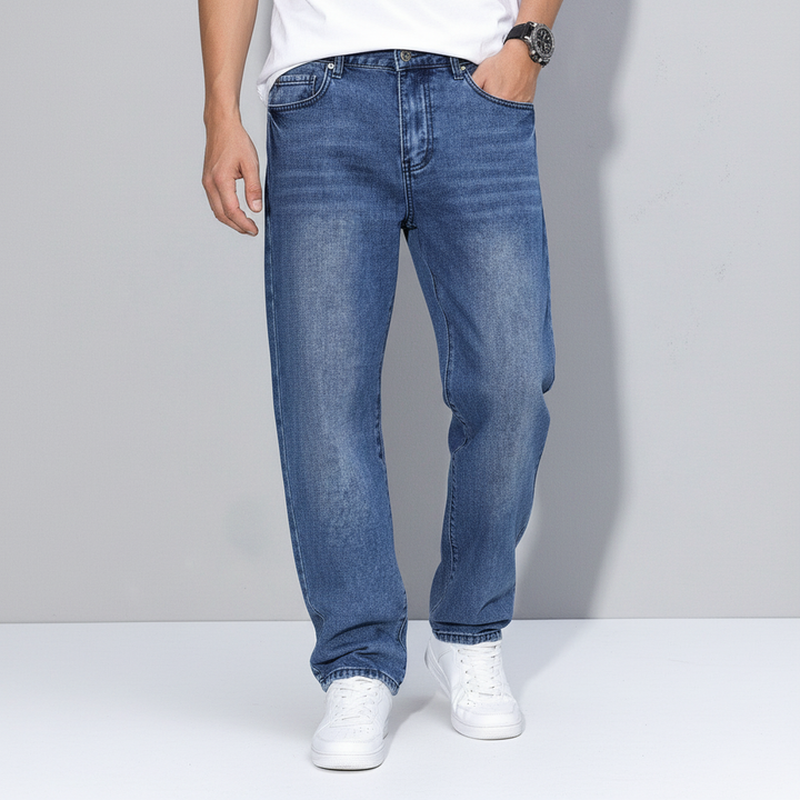 Full shot of men's relaxed fit straight leg jeans, showcasing their comfortable and versatile design