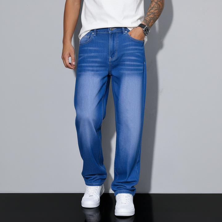 Men's relaxed fit straight leg jeans paired with a casual top, ready for everyday wear