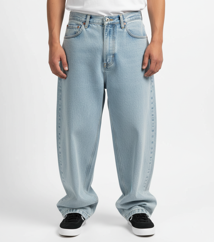 Three-quarter view of men's relaxed fit denim jeans, essential for streetwear and comfort.