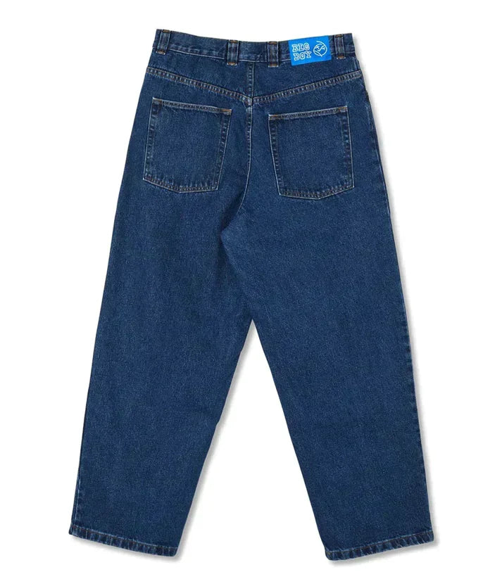 Flat lay of men's urban skate denim jeans, emphasizing relaxed fit and premium denim.