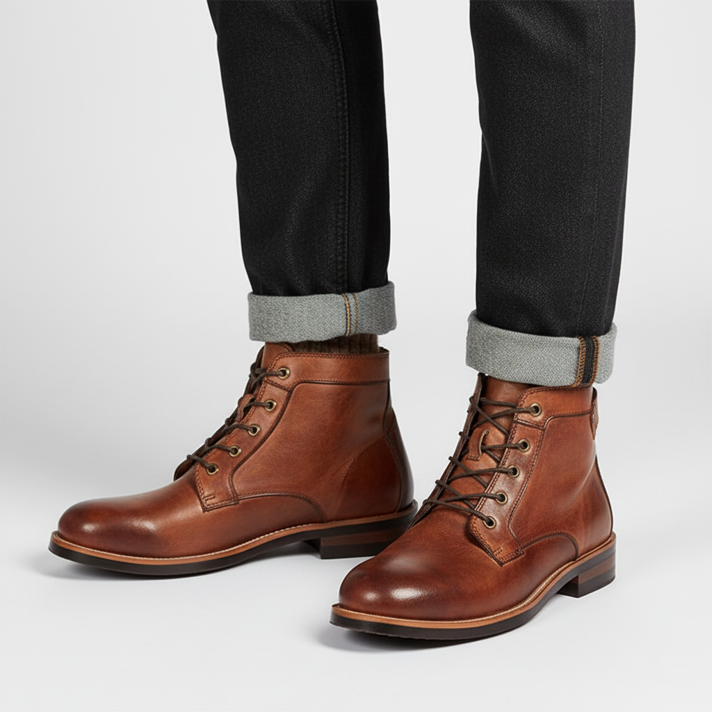 Stylish men's ankle high leather boots, suitable for both casual outings and dressier occasions.