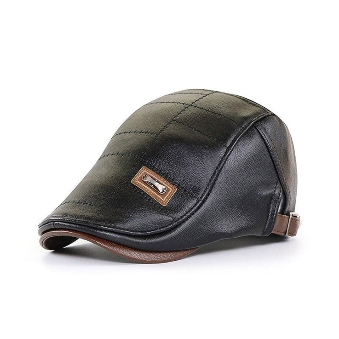 Modern black leather beret for men, an adjustable classic headwear. Versatile style.