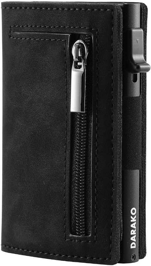 Secure CoreSlide RFID wallet for men, showing easy card access. Slim design, leather & aluminum card holder.