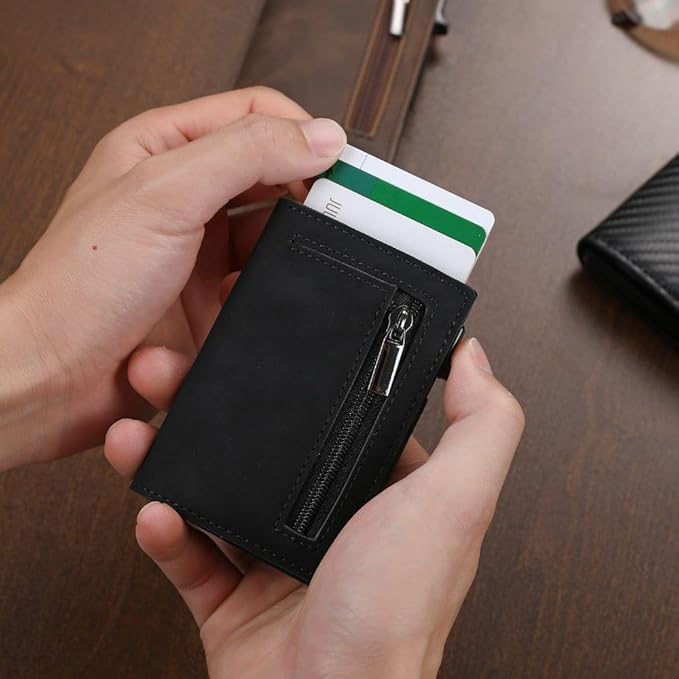 Durable CoreSlide men's wallet with RFID protection. Slim leather & aluminum card holder, a secure minimalist accessory.