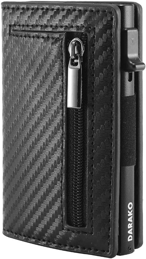 Man using CoreSlide RFID-protected slim wallet, showcasing quick card access. Modern men's leather & aluminum accessory.