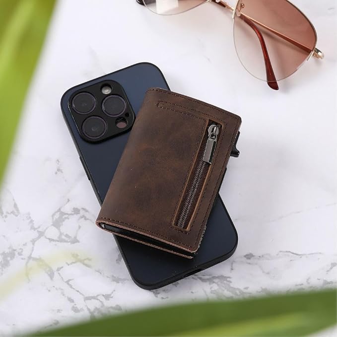Close-up of CoreSlide RFID wallet: premium leather & sleek aluminum. Secure minimalist card holder for men.
