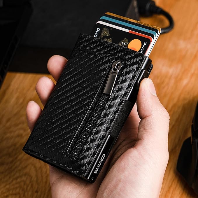 Stylish CoreSlide minimalist wallet for men. RFID-protected card holder crafted from leather and durable aluminum.