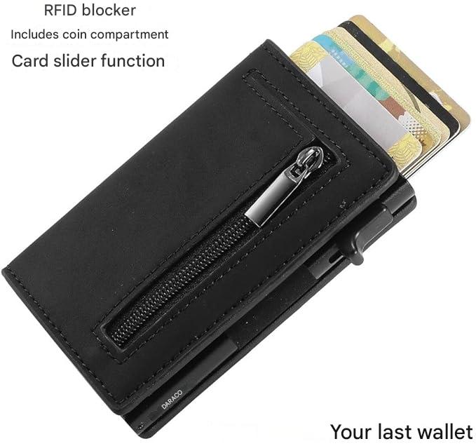 CoreSlide men's slim wallet, RFID-protected card holder. Sleek black leather & aluminum frame, secure for cards.