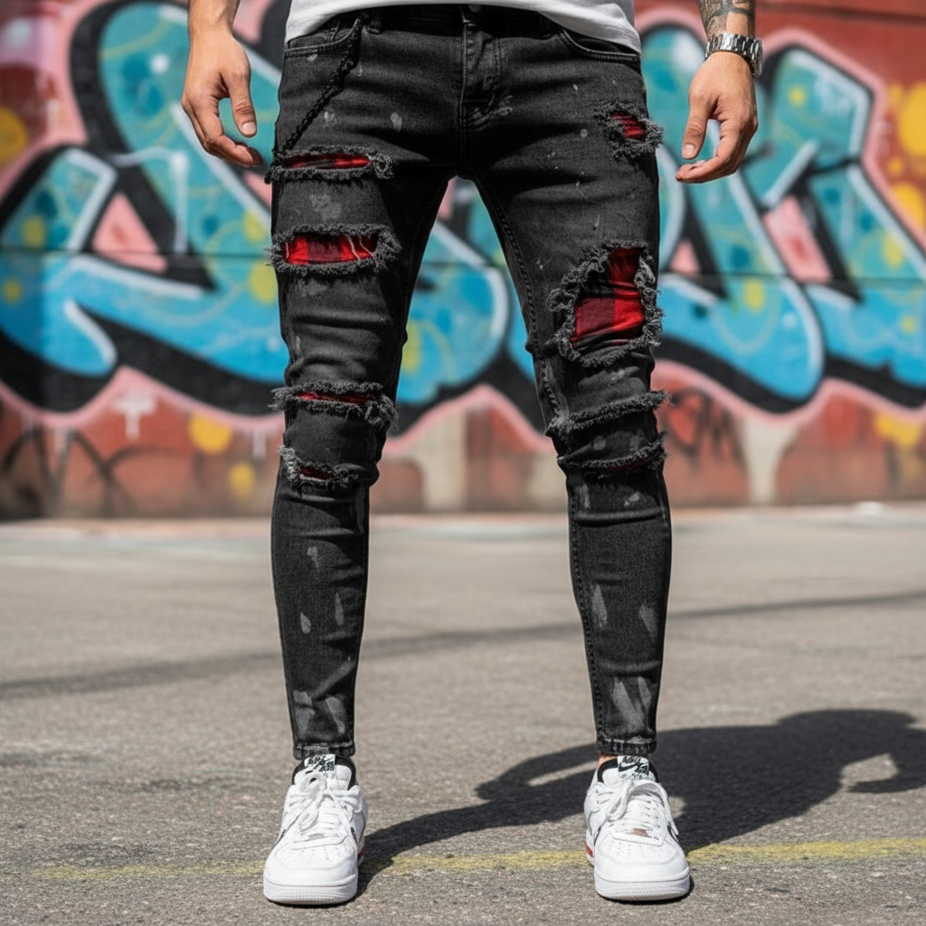 Men's ripped slim fit denim jeans with unique patches & distressed details, casual fashion bottoms.