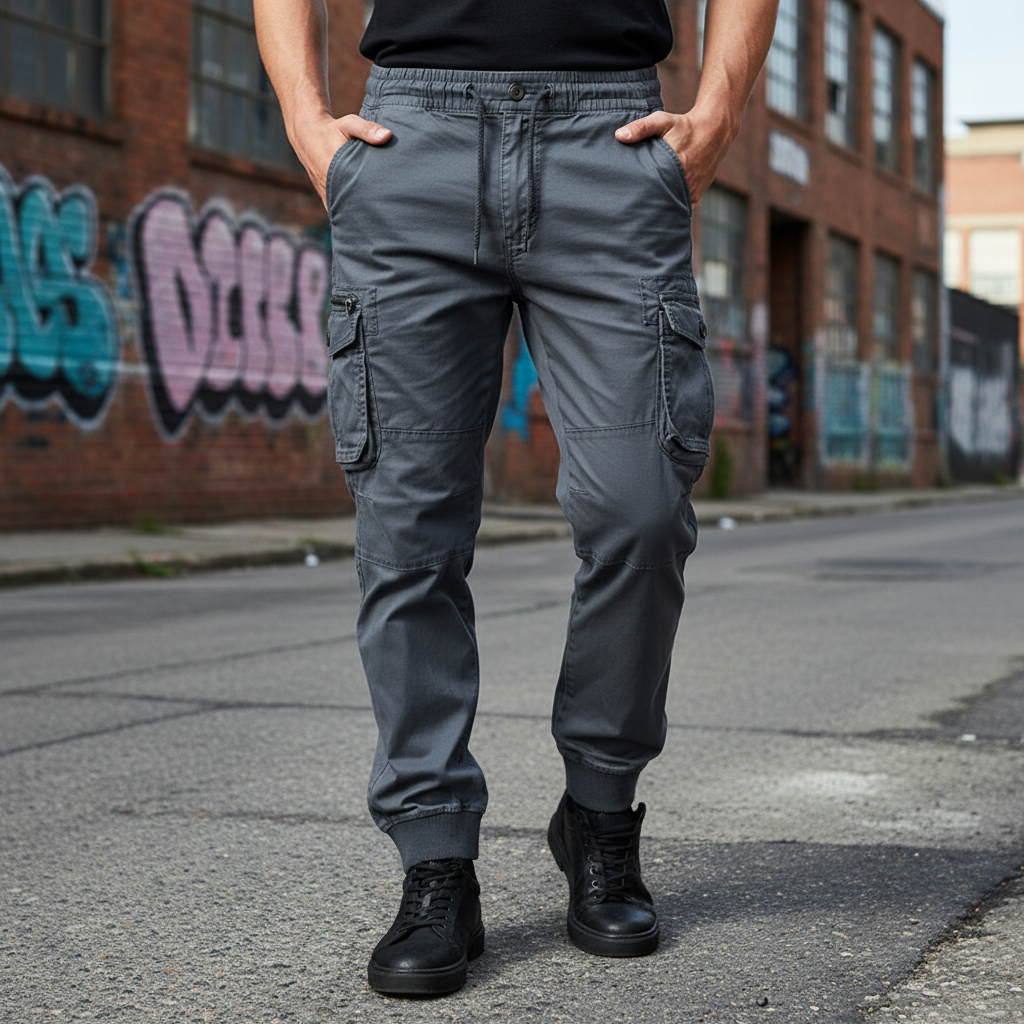 Men's robust cotton cargo pants, relaxed fit, side pockets, durable fabric for casual wear.