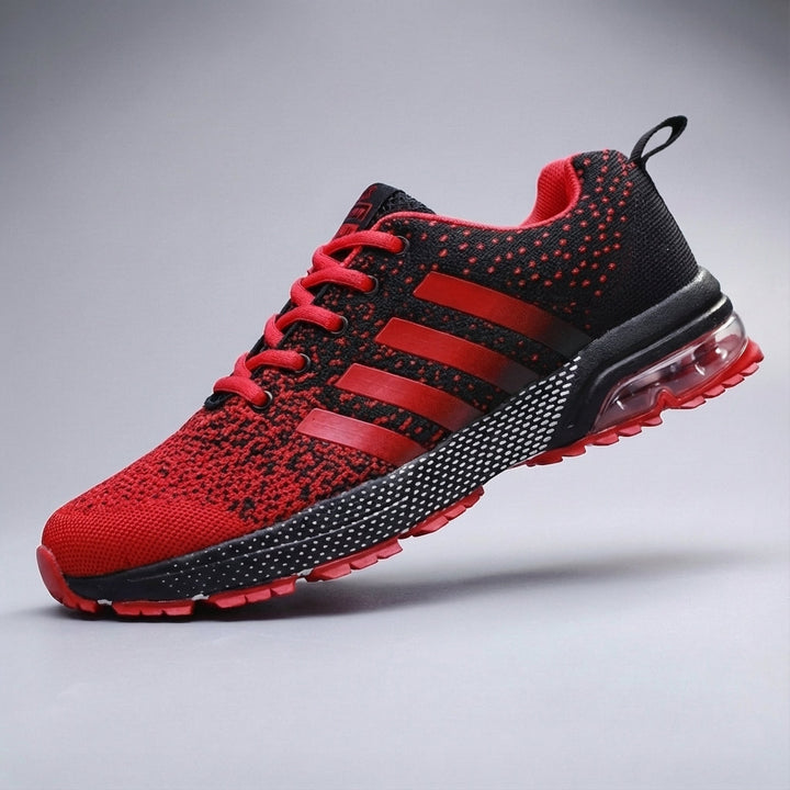Side view of Rudy men's training shoes, sleek black design with reflective elements, cushioned support