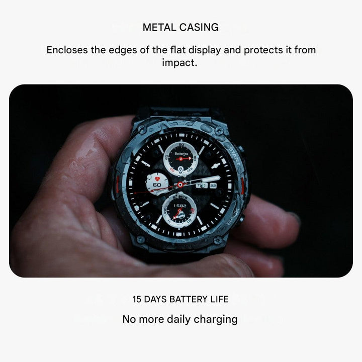 Rugged men's outdoor smartwatch, waterproof, fitness tracker & long battery.