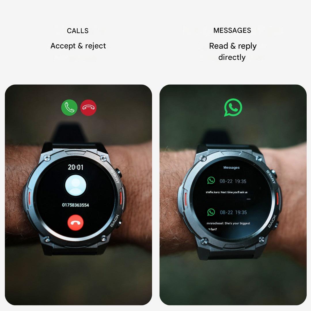 Durable men's smartwatch, rugged design for outdoor sports & fitness tracking.