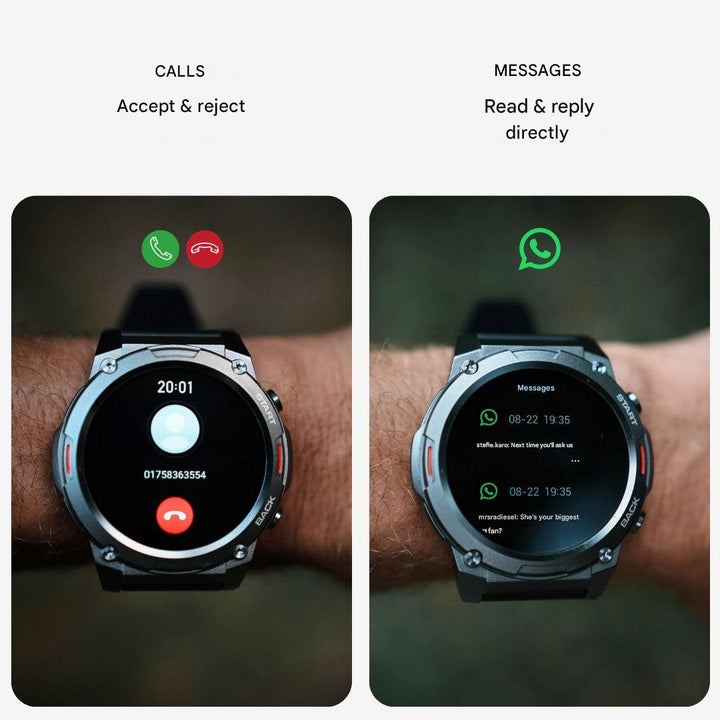 Durable men's smartwatch, rugged design for outdoor sports & fitness tracking.