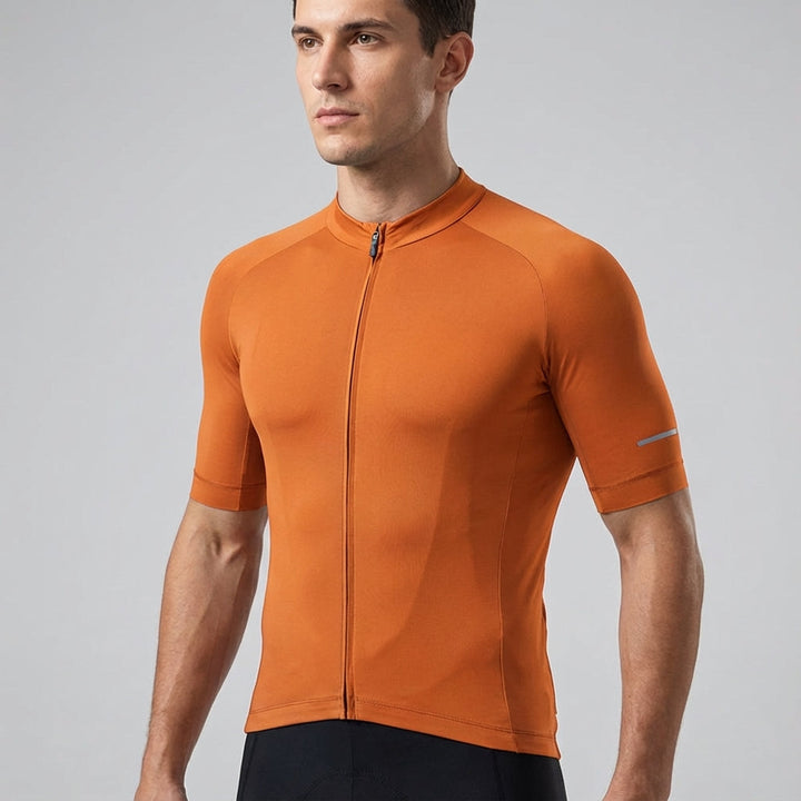 Close-up of performance men's cycling jersey fabric, breathable & recycled
