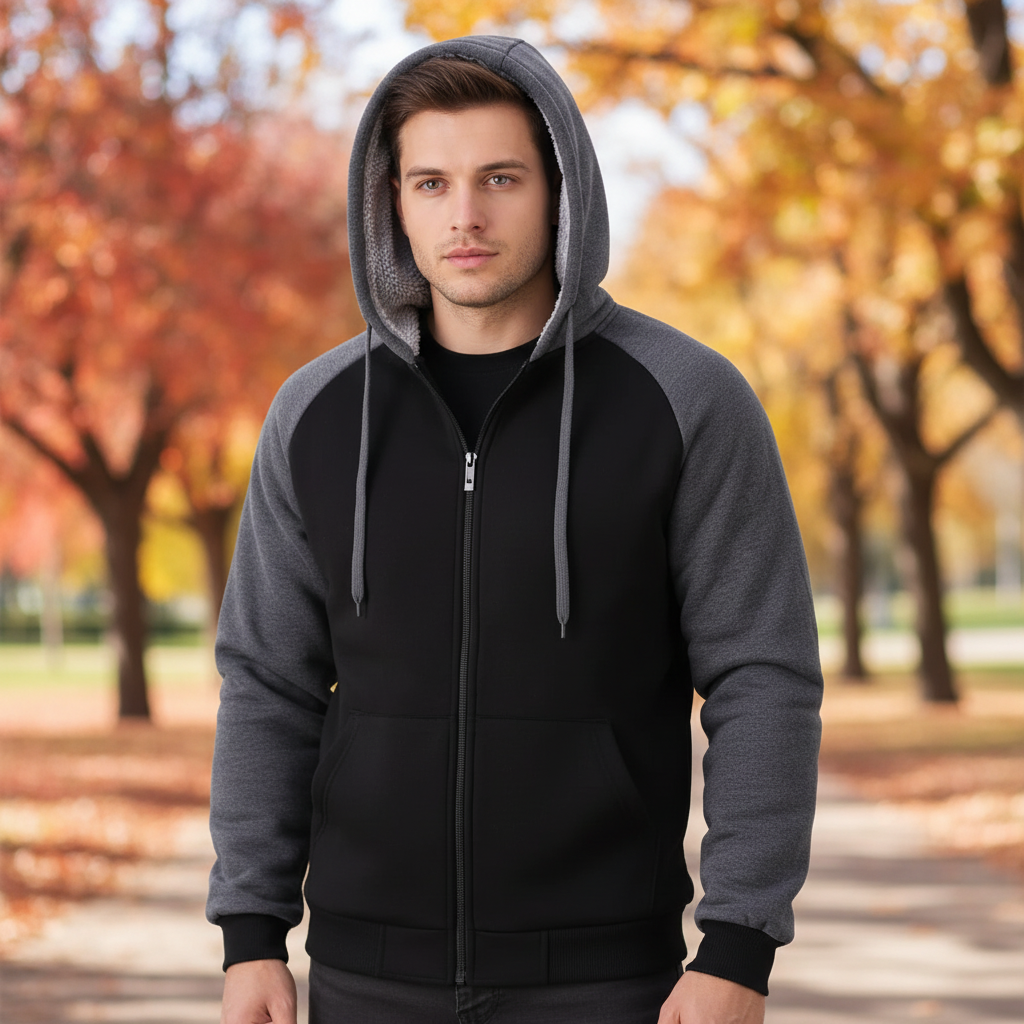 Men's Sherpa Lined Pullover Hoodie, black fleece, front view