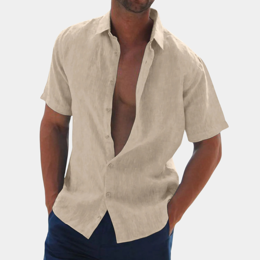 Stylish men's short sleeve linen button-up shirt. Perfect for casual spring and summer outfits, very versatile.