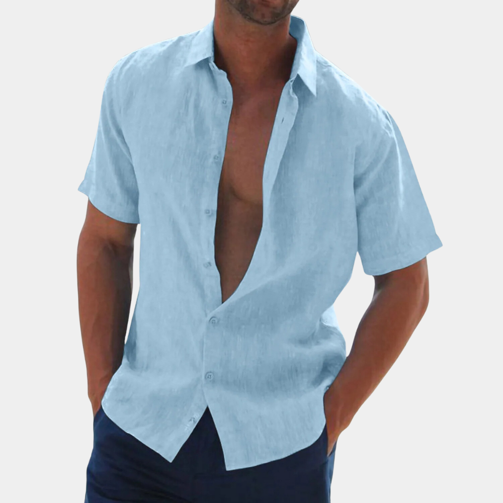 Versatile men's short sleeve button-up shirt. Casual linen style for summer, beach, or everyday wear.
