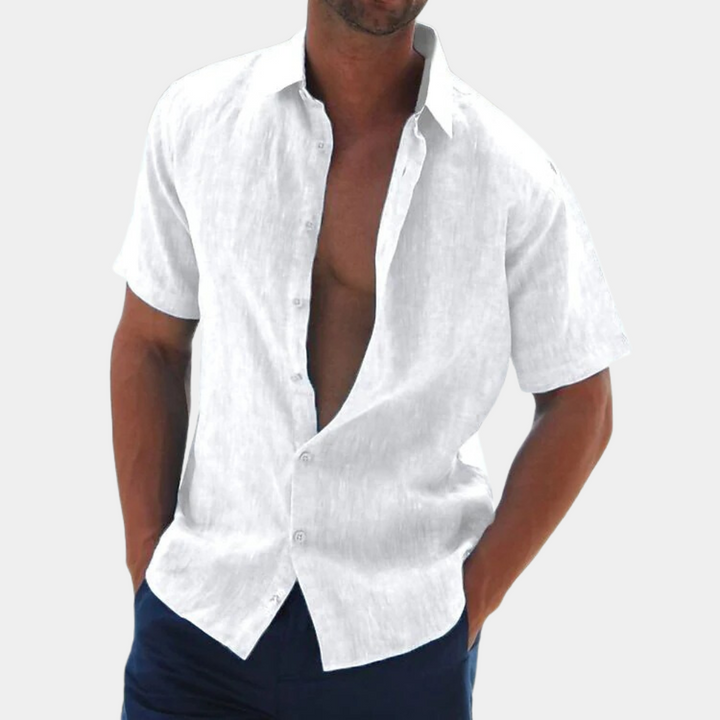 Lightweight men's short sleeve linen shirt. A must-have casual button-up for spring and summer comfort.