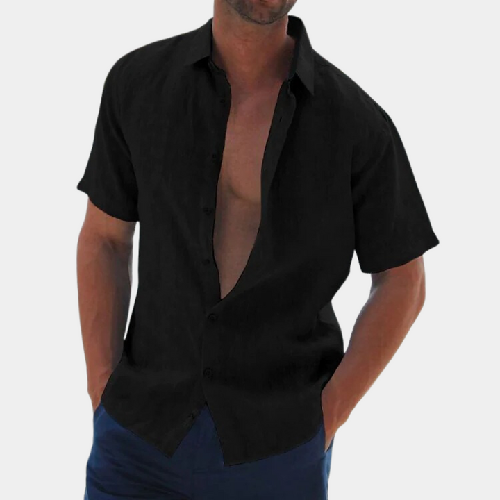 Men's casual short sleeve button-up shirt. Relaxed fit linen top, great for warm weather & summer fashion.